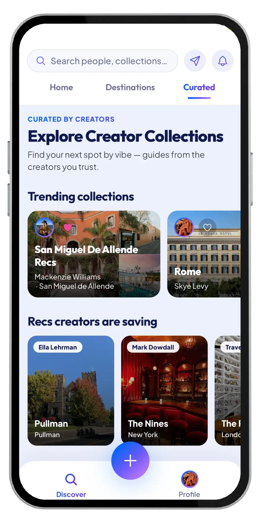 The RoamRecs Curated tab featuring creator collections and the recs creators are saving