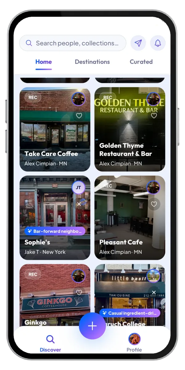 The RoamRecs Discover feed: recs from friends like Take Care Coffee, Golden Thyme and Sophie's