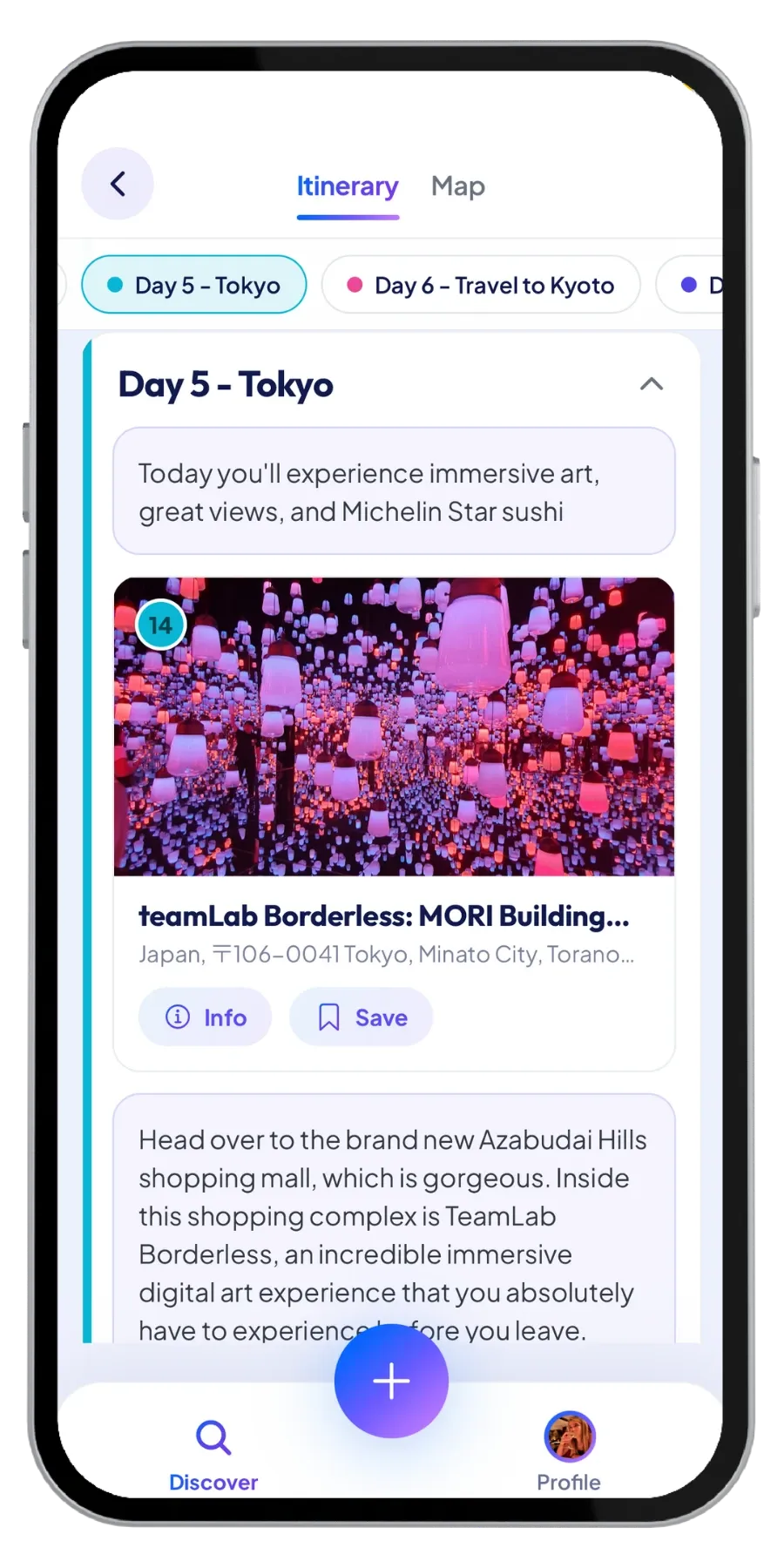 An interactive RoamRecs itinerary for Day 5 in Tokyo featuring teamLab Borderless
