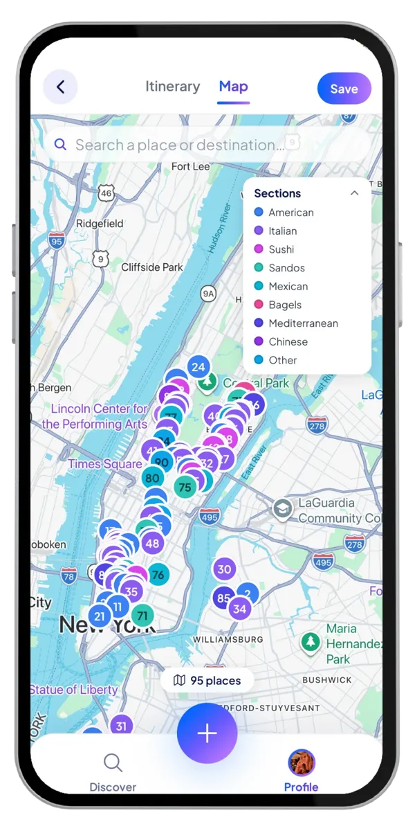 A RoamRecs collection map of New York with 95 places color-coded by section