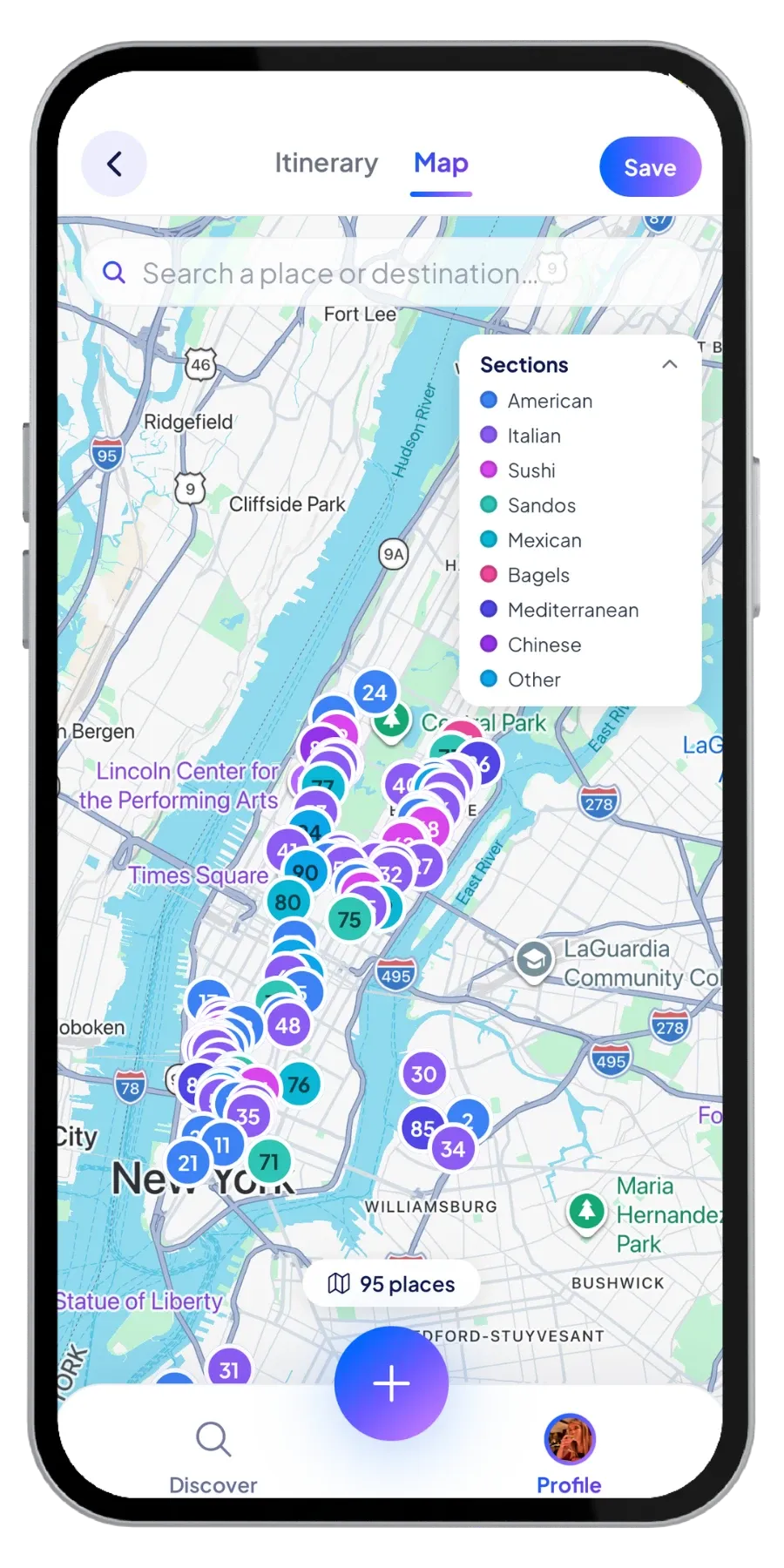 A shareable RoamRecs collection map of New York with 95 places color-coded by section