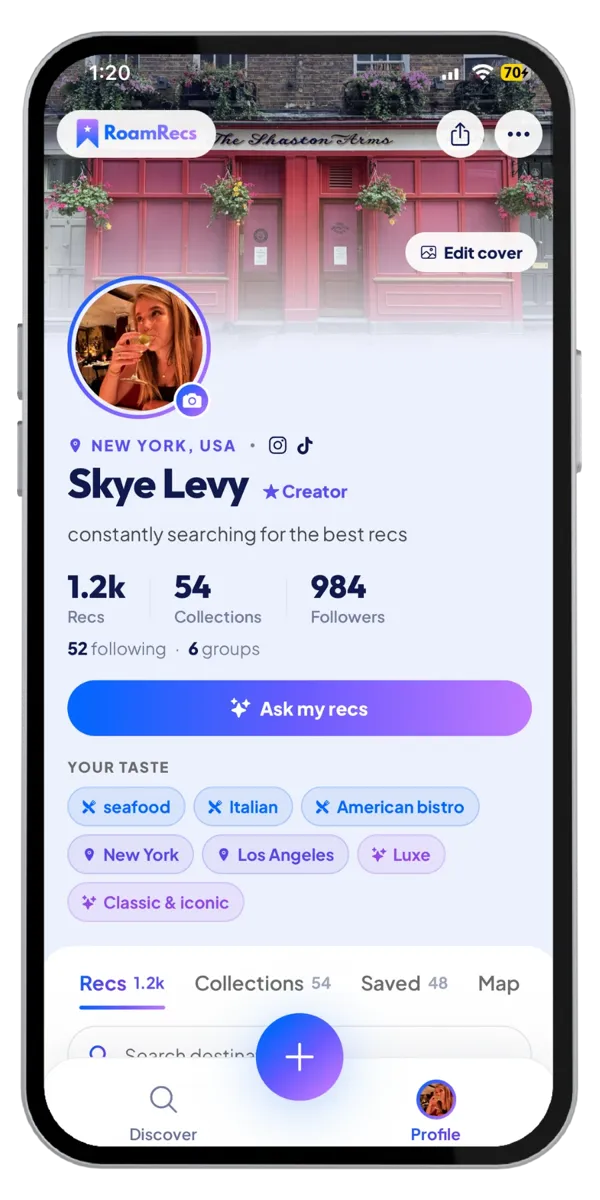 A RoamRecs profile with taste tags like seafood, Italian, New York and Luxe