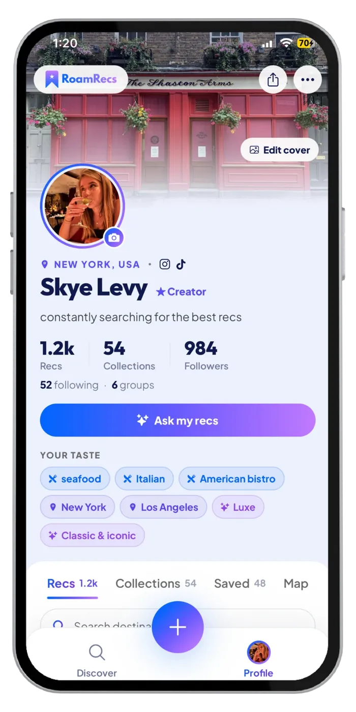 A RoamRecs profile on a phone
