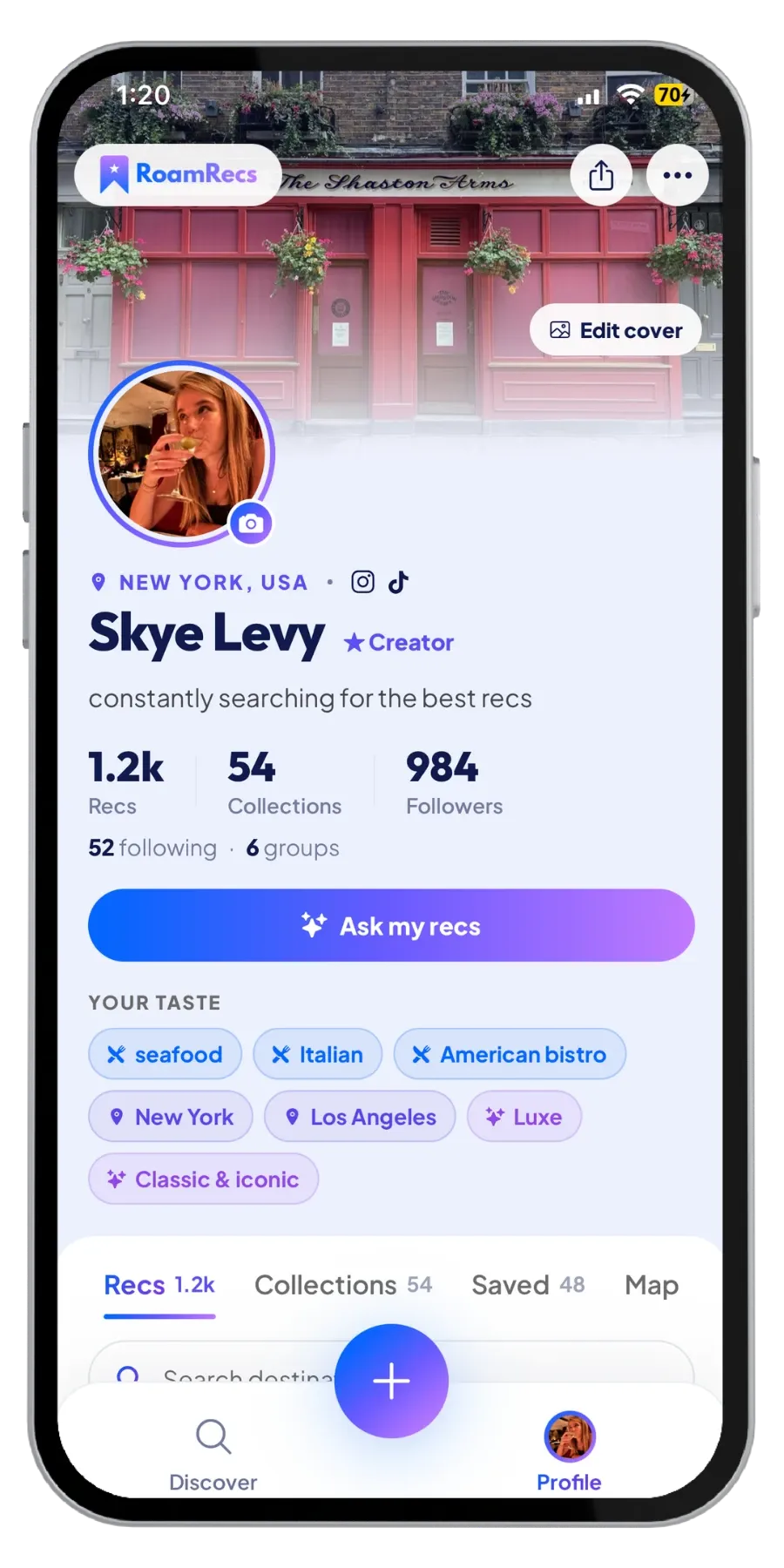 A RoamRecs creator profile with recs, collections, followers and taste tags