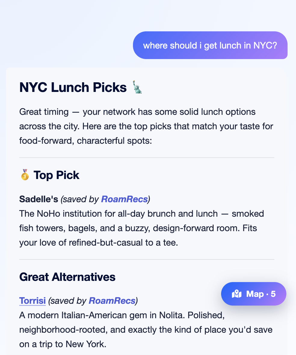 Ask your network to plan a trip with RoamRecs AI