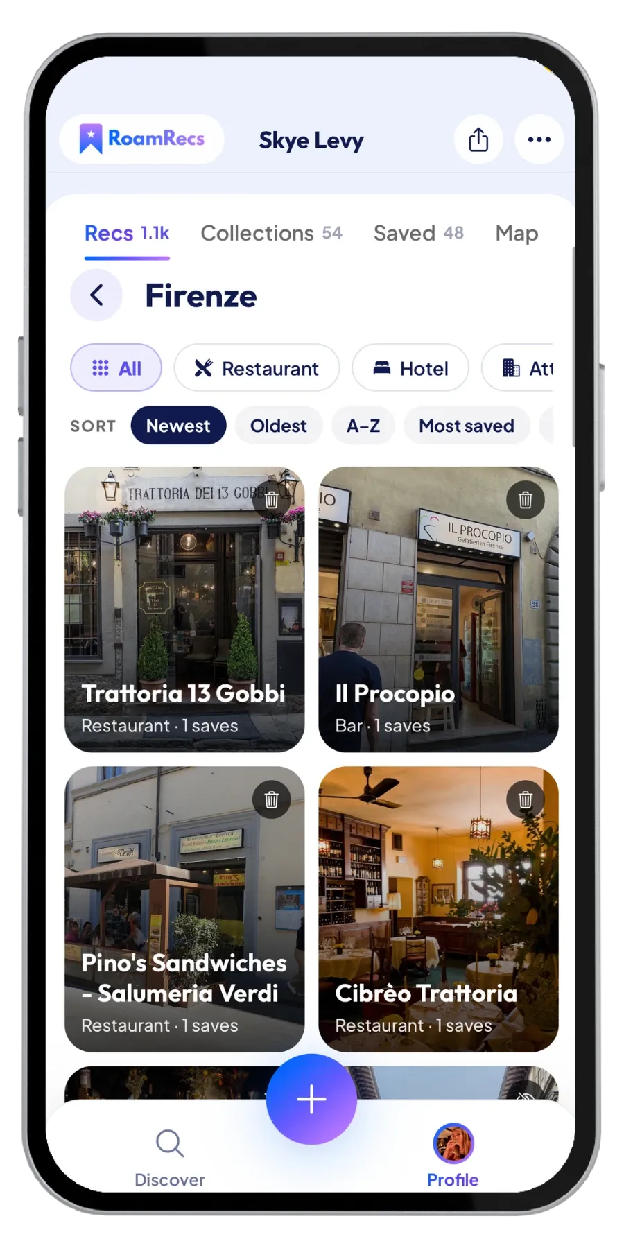 A creator's RoamRecs recs for Firenze, filterable by restaurant, hotel and more