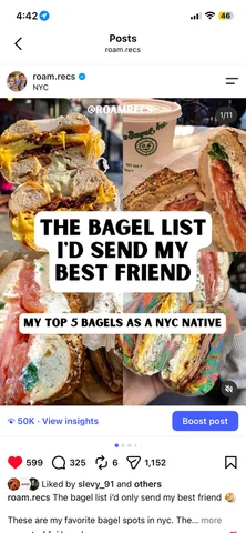 An example RoamRecs Instagram roundup post, The Bagel List I'd Send My Best Friend, with 50K views