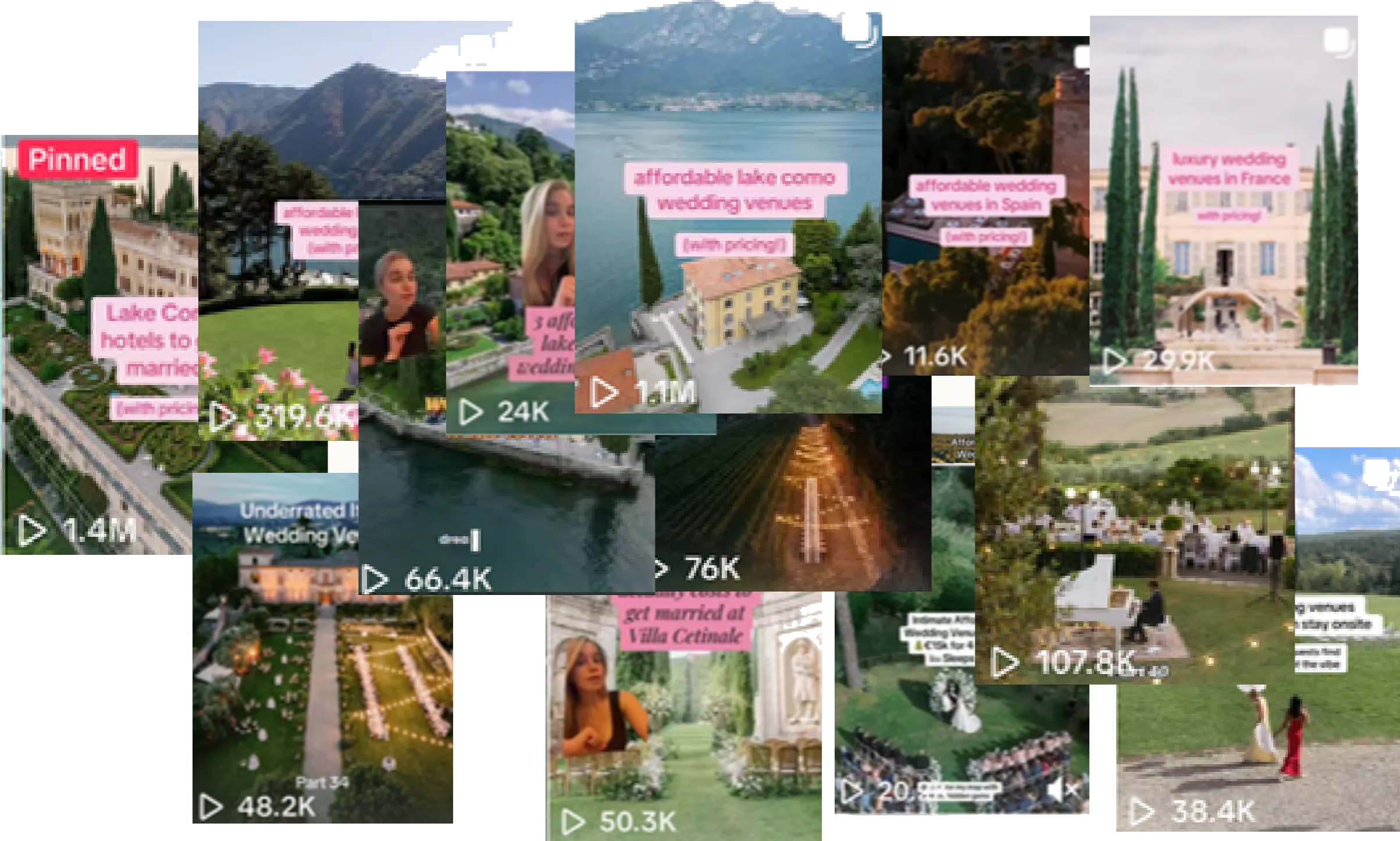 A collage of RoamRecs wedding videos about Lake Como, Spain, France and Italian venues, with views from 11.6K to 1.4M