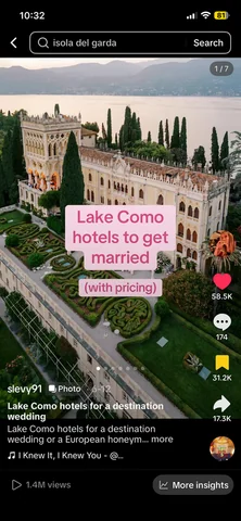 A RoamRecs short-form video, Lake Como hotels to get married (with pricing), with 1.4M views