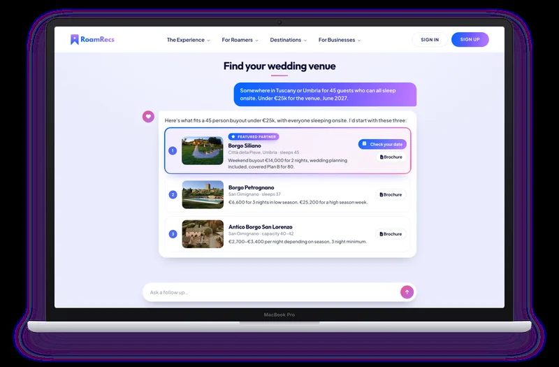 The RoamRecs wedding concierge recommending venues for a couple, with a featured partner first