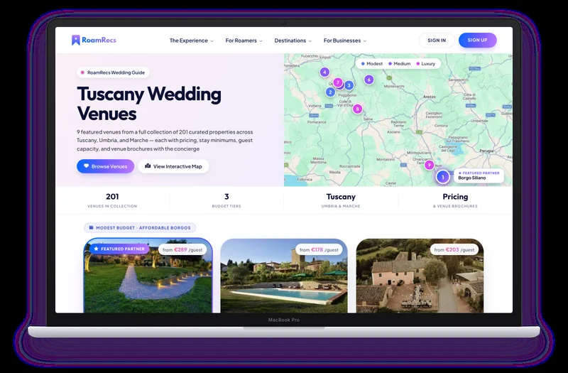 A RoamRecs destination page with a featured partner venue highlighted on the map and at the top of its budget tier