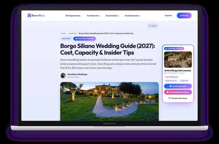 A venue guide with a featured partner card offering check your date, the brochure and a contact link