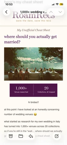 A RoamRecs wedding email on a phone: where should you actually get married?