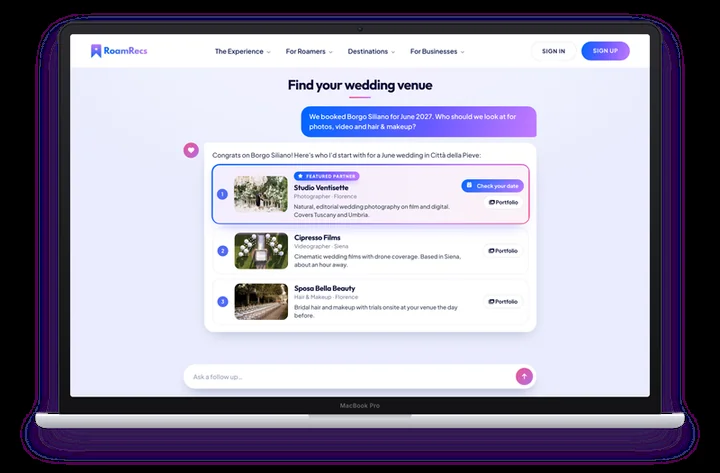The RoamRecs wedding concierge recommending a photographer, videographer and makeup artist to a couple who booked their venue