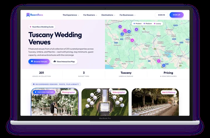 A Tuscany wedding venues page with a row of recommended vendors, a featured partner photographer first