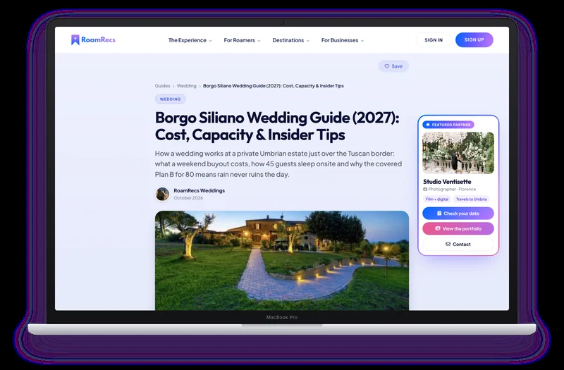 A venue wedding guide with a featured partner photographer card offering check your date, portfolio and contact links